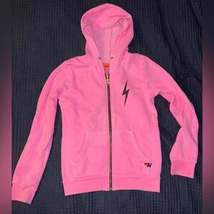 Aviator Nation Bright Pink Hoodie with Black Lightning Bolt